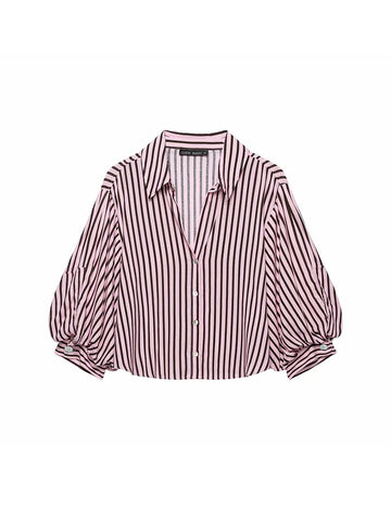 Women Striped Shirts For Women Vintage Elegant Puff Sleeve Summer New High Street Clothes Leisure Single-breasted Lapel Blouse