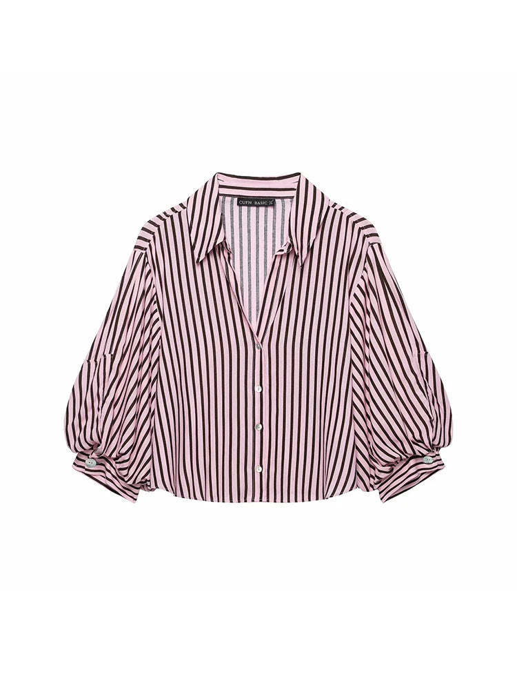 Women Striped Shirts For Women Vintage Elegant Puff Sleeve Summer New High Street Clothes Leisure Single-breasted Lapel Blouse