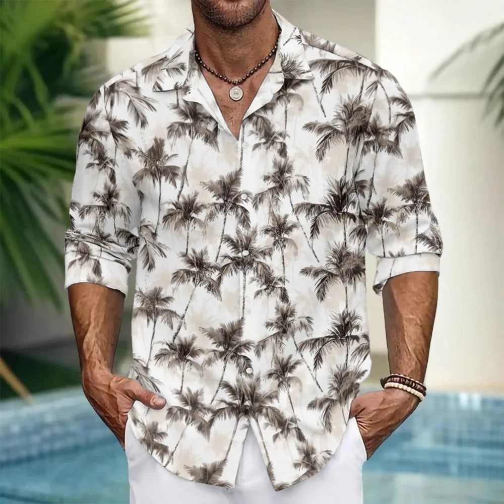 Hawaiian Button Up Shirts Black White Stripe Palm Tree Printed Full Sleeve Streetwear Casual Men Summer Vacay Beach Parties