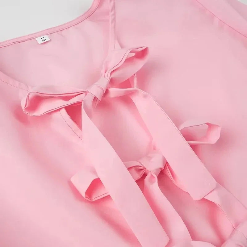 HH Shirts For Women Elegant Front Bow Tie Solid Blouse Puff Sleeve Spring Summer Casual Beach Vacation Streetwear Party Top