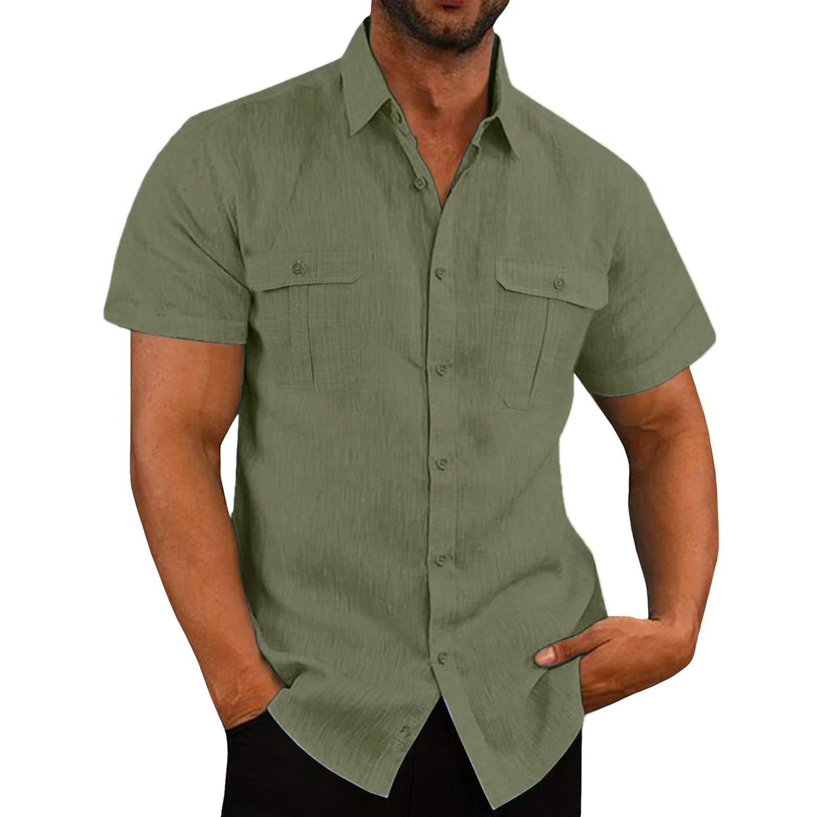 Shirts for Men Handmade Shirt Man Double Pocket Shirt Short Sleeve Men Shirt Linen Shirts for Men Men Cotton Shirt Short Sleeve