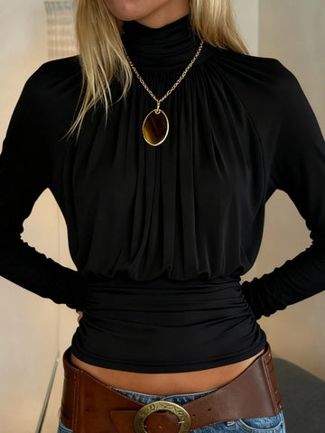 Solid Black T Shirts For Women Elegant Clothes Turtleneck Camisetas Lady Tops Long Sleeve Ropa De Mujer Shirring Feminist Shirt