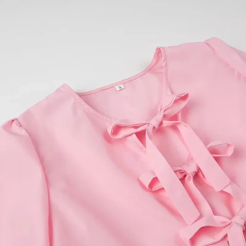 HH Shirts For Women Elegant Front Bow Tie Solid Blouse Puff Sleeve Spring Summer Casual Beach Vacation Streetwear Party Top