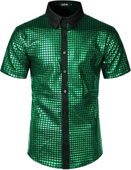 Men's Shiny Shirts Short Sleeve Shirts Nightclub Prom Disco Party Costume Button Blouse Casual Retro Cosplay Shirts Tops for Men