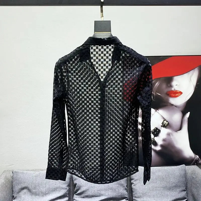 Black White Shirts Men Long Sleeve Shirts Design See-through Thin Hollow Out Plaid Shirt Slim Mesh Breathable Tops Fashion Trend