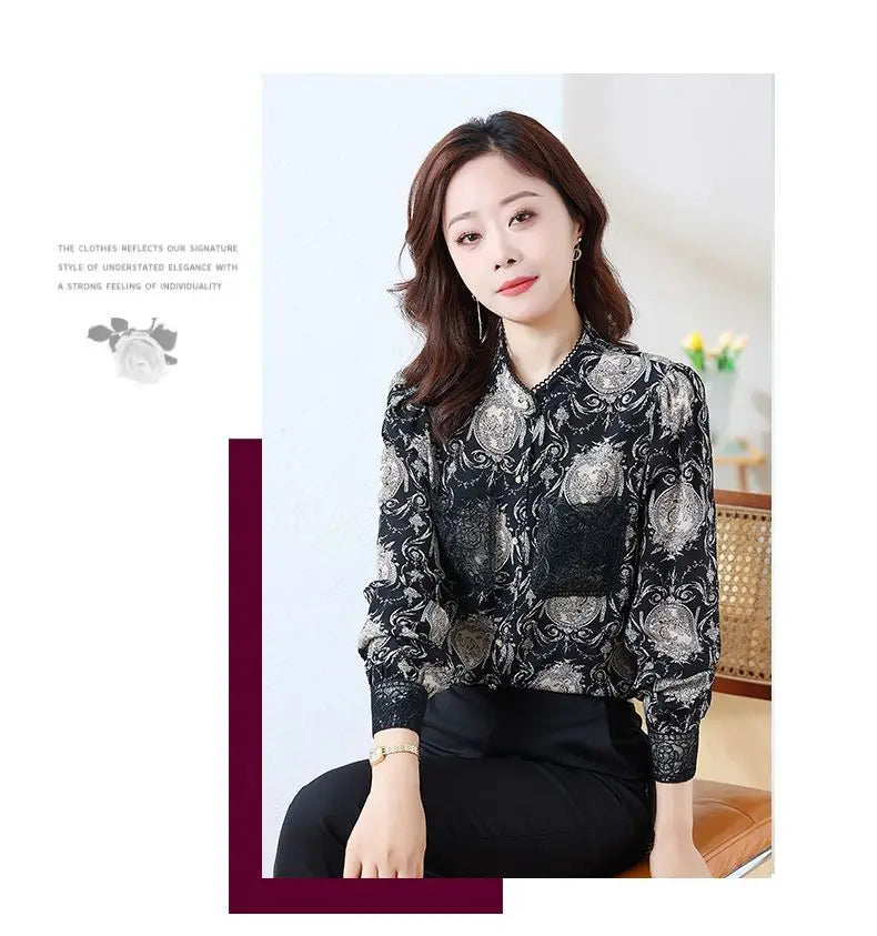 Shirts for Women in Spring Autumn New Style Printed Satin Stylish Slim Fashion Commuting Simple