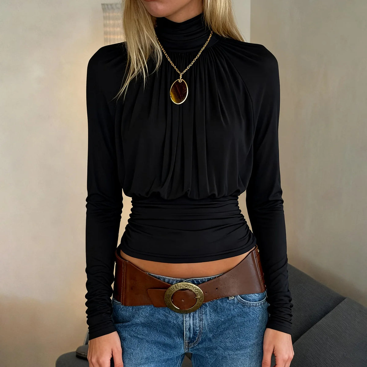 Solid Black T Shirts For Women Elegant Clothes Turtleneck Camisetas Lady Tops Long Sleeve Ropa De Mujer Shirring Feminist Shirt