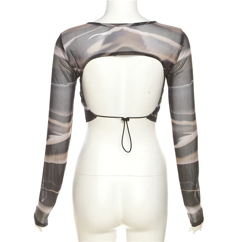 Striped Printing T Shirts For Women Streetwear Backless Crop Top Long Sleeve Y2k Clothes Slim Fit Ropa De Mujer Short Camisetas