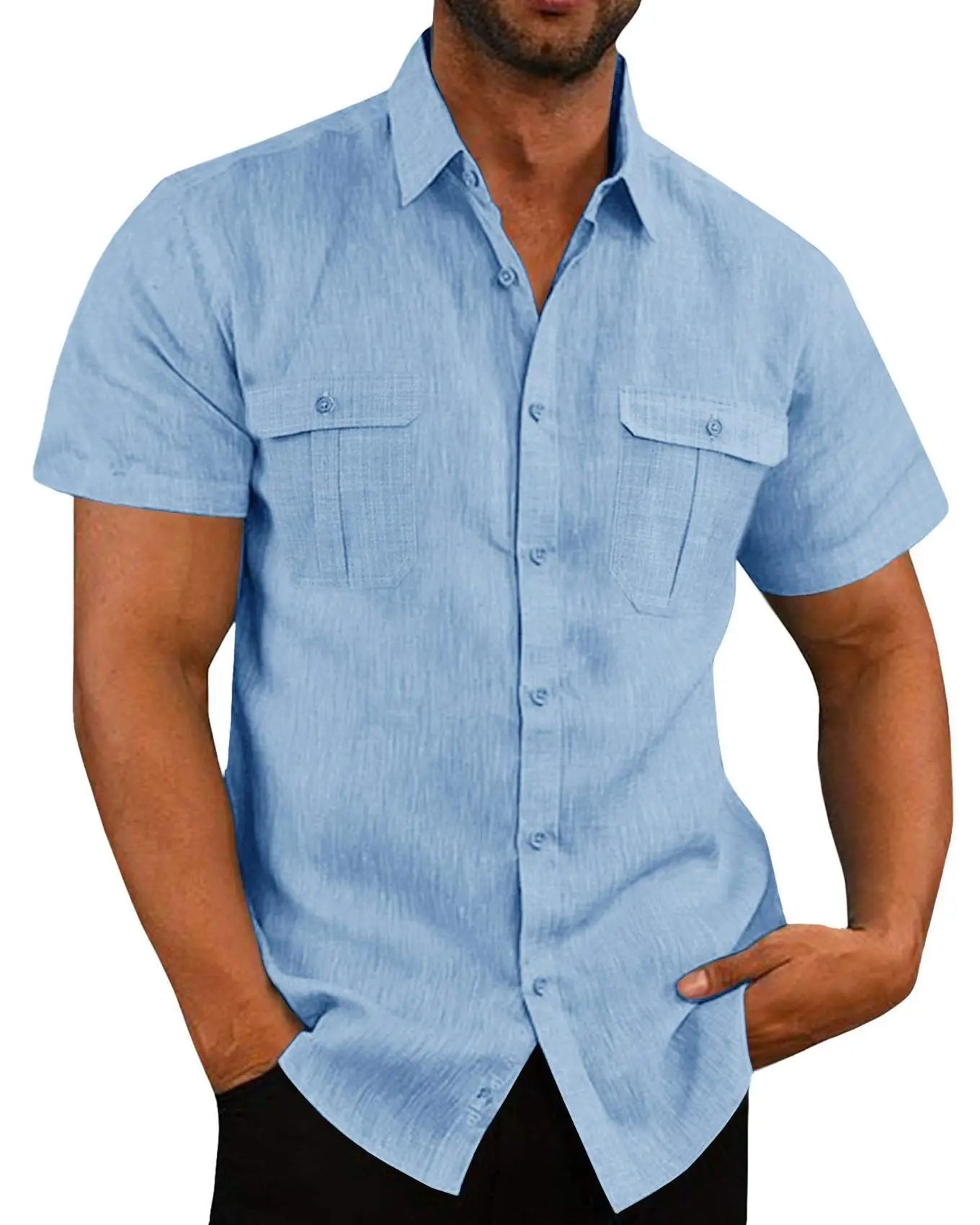 Shirts for Men Handmade Shirt Man Double Pocket Shirt Short Sleeve Men Shirt Linen Shirts for Men Men Cotton Shirt Short Sleeve