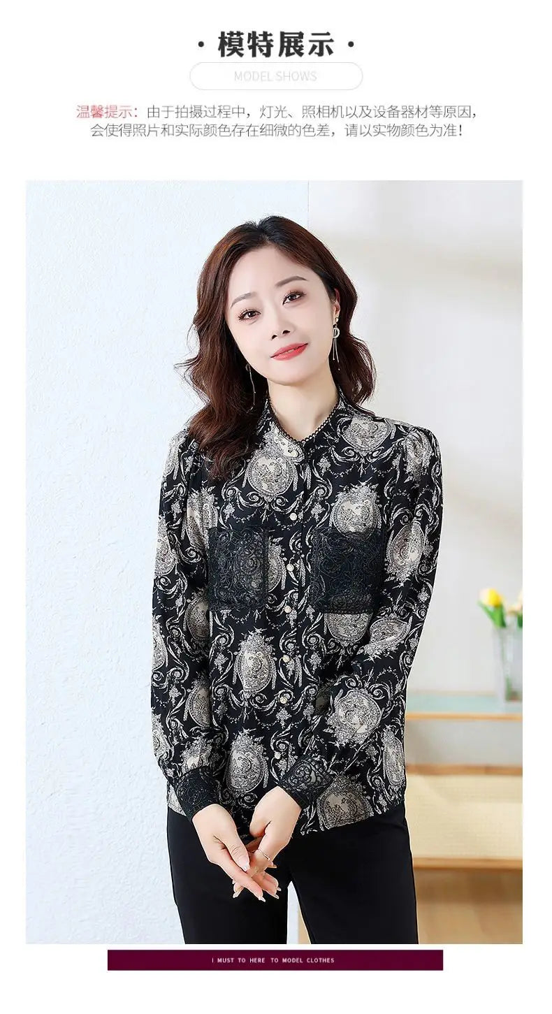 Shirts for Women in Spring Autumn New Style Printed Satin Stylish Slim Fashion Commuting Simple