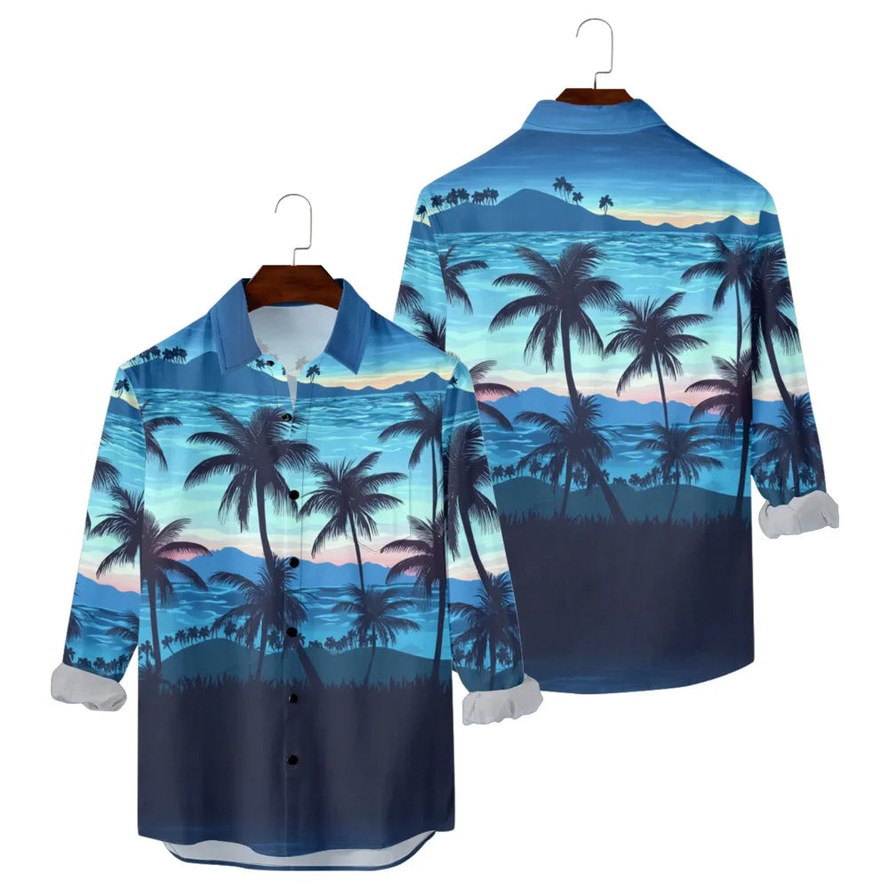 Hawaiian Button Up Shirts Black White Stripe Palm Tree Printed Full Sleeve Streetwear Casual Men Summer Vacay Beach Parties