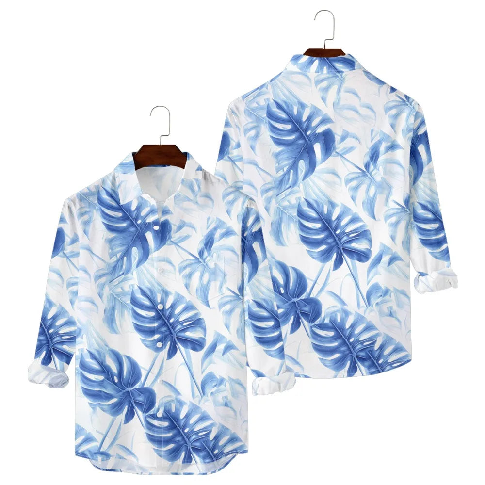 Hawaiian Button Up Shirts Black White Stripe Palm Tree Printed Full Sleeve Streetwear Casual Men Summer Vacay Beach Parties