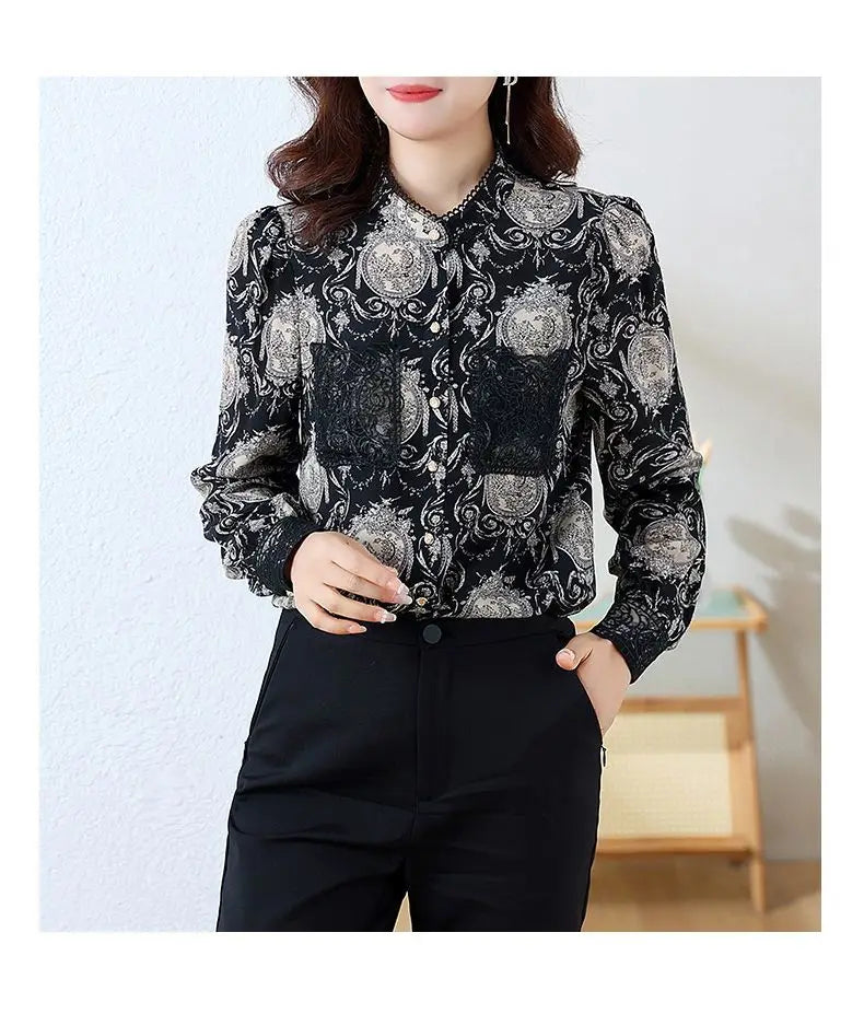 Shirts for Women in Spring Autumn New Style Printed Satin Stylish Slim Fashion Commuting Simple