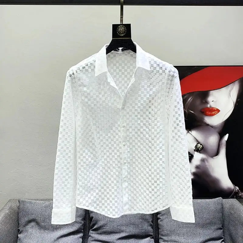 Black White Shirts Men Long Sleeve Shirts Design See-through Thin Hollow Out Plaid Shirt Slim Mesh Breathable Tops Fashion Trend
