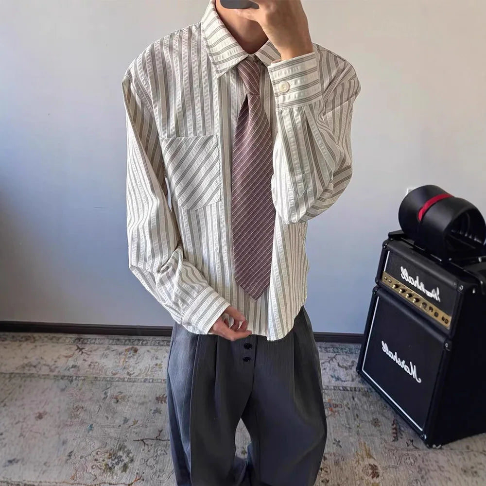 Striped Shirt Men's Spring and Autumn High-end Right Shoulder Long-sleeved Shirt Cleanfit Sun Protection Jacket