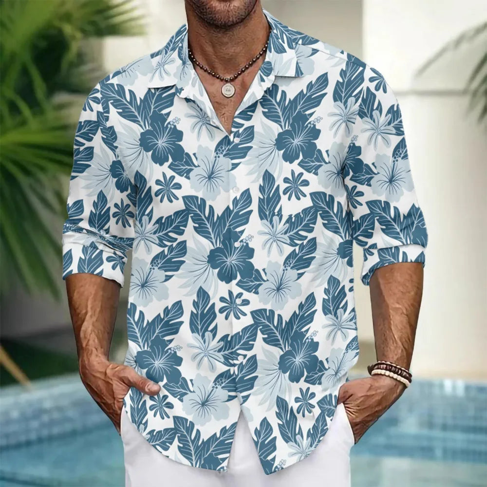 Hawaiian Button Up Shirts Black White Stripe Palm Tree Printed Full Sleeve Streetwear Casual Men Summer Vacay Beach Parties