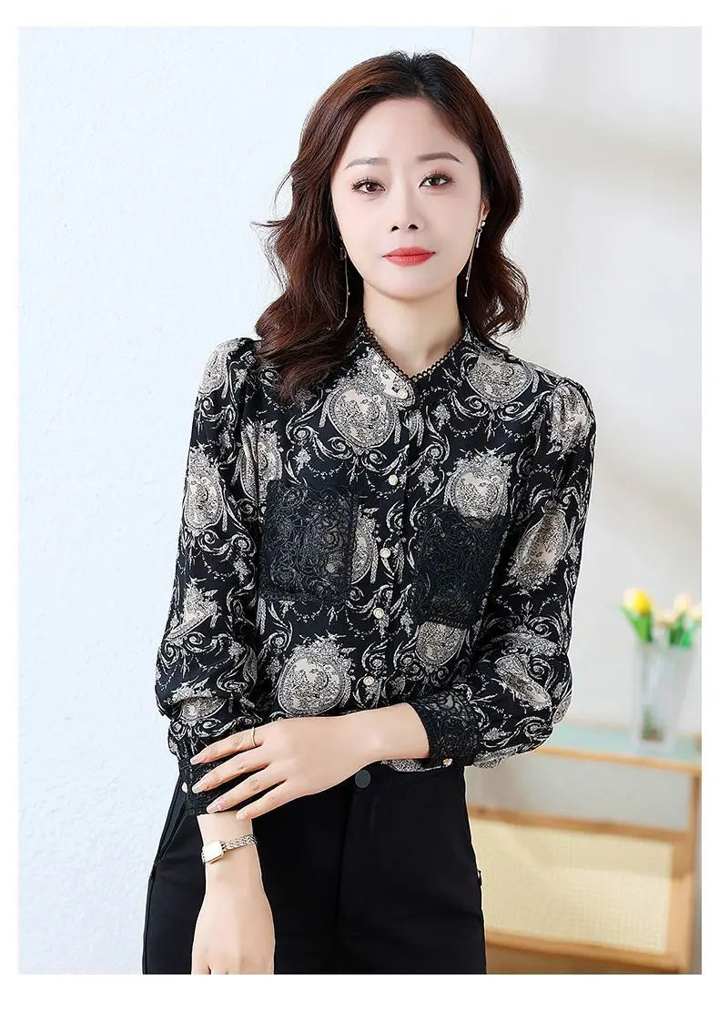 Shirts for Women in Spring Autumn New Style Printed Satin Stylish Slim Fashion Commuting Simple