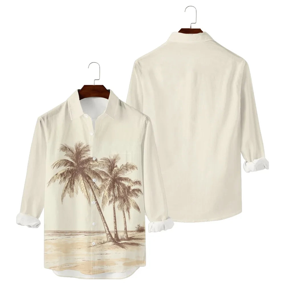 Hawaiian Button Up Shirts Black White Stripe Palm Tree Printed Full Sleeve Streetwear Casual Men Summer Vacay Beach Parties