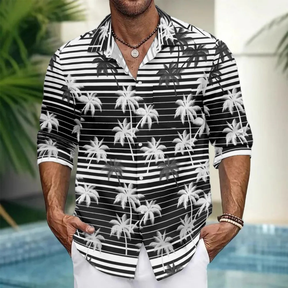 Hawaiian Button Up Shirts Black White Stripe Palm Tree Printed Full Sleeve Streetwear Casual Men Summer Vacay Beach Parties