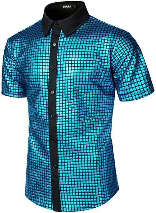 Men's Shiny Shirts Short Sleeve Shirts Nightclub Prom Disco Party Costume Button Blouse Casual Retro Cosplay Shirts Tops for Men