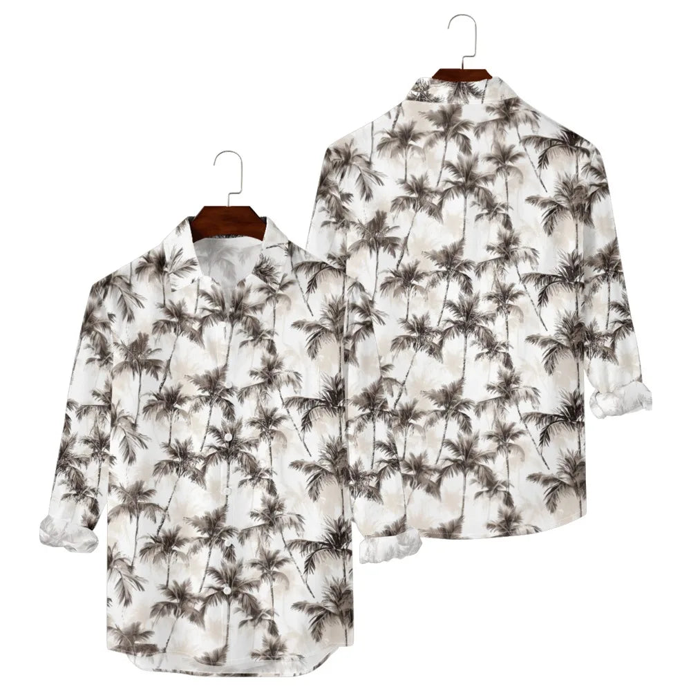 Hawaiian Button Up Shirts Black White Stripe Palm Tree Printed Full Sleeve Streetwear Casual Men Summer Vacay Beach Parties
