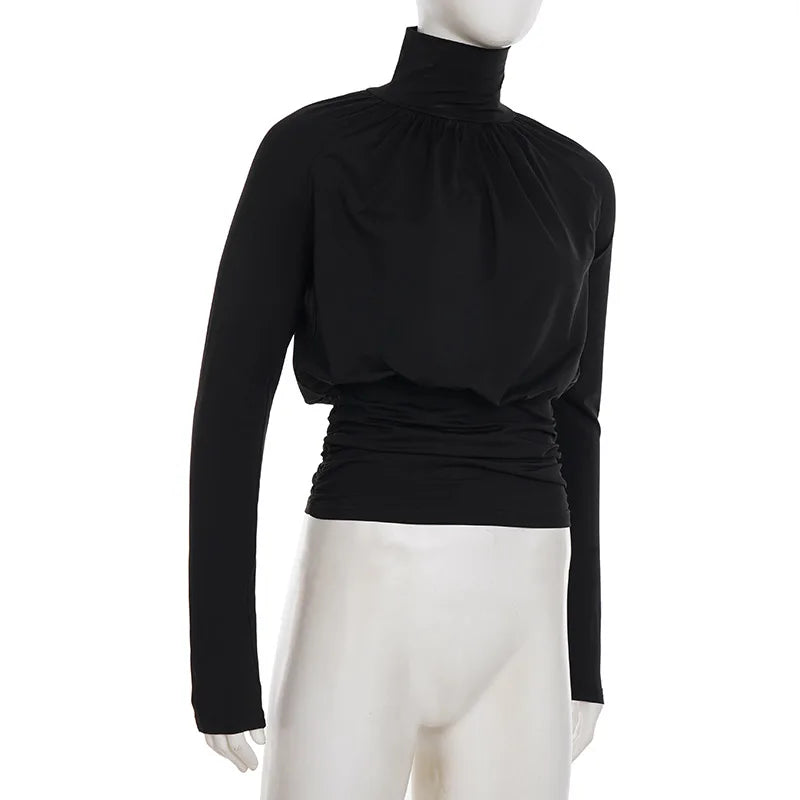Solid Black T Shirts For Women Elegant Clothes Turtleneck Camisetas Lady Tops Long Sleeve Ropa De Mujer Shirring Feminist Shirt