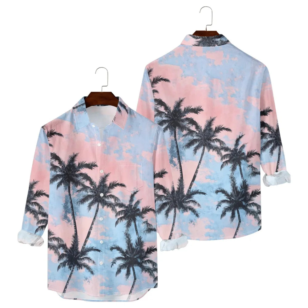 Hawaiian Button Up Shirts Black White Stripe Palm Tree Printed Full Sleeve Streetwear Casual Men Summer Vacay Beach Parties