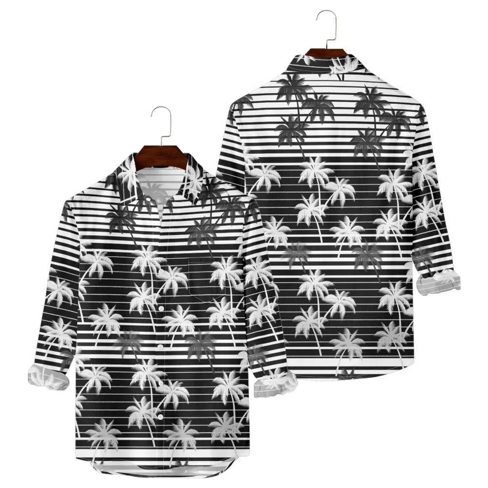 Hawaiian Button Up Shirts Black White Stripe Palm Tree Printed Full Sleeve Streetwear Casual Men Summer Vacay Beach Parties