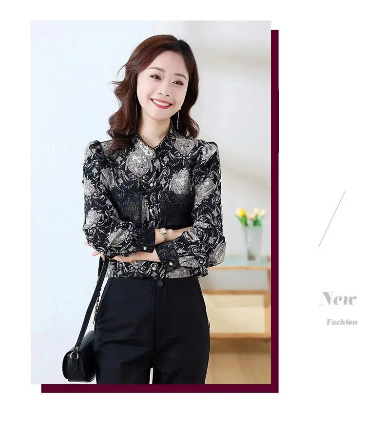 Shirts for Women in Spring Autumn New Style Printed Satin Stylish Slim Fashion Commuting Simple