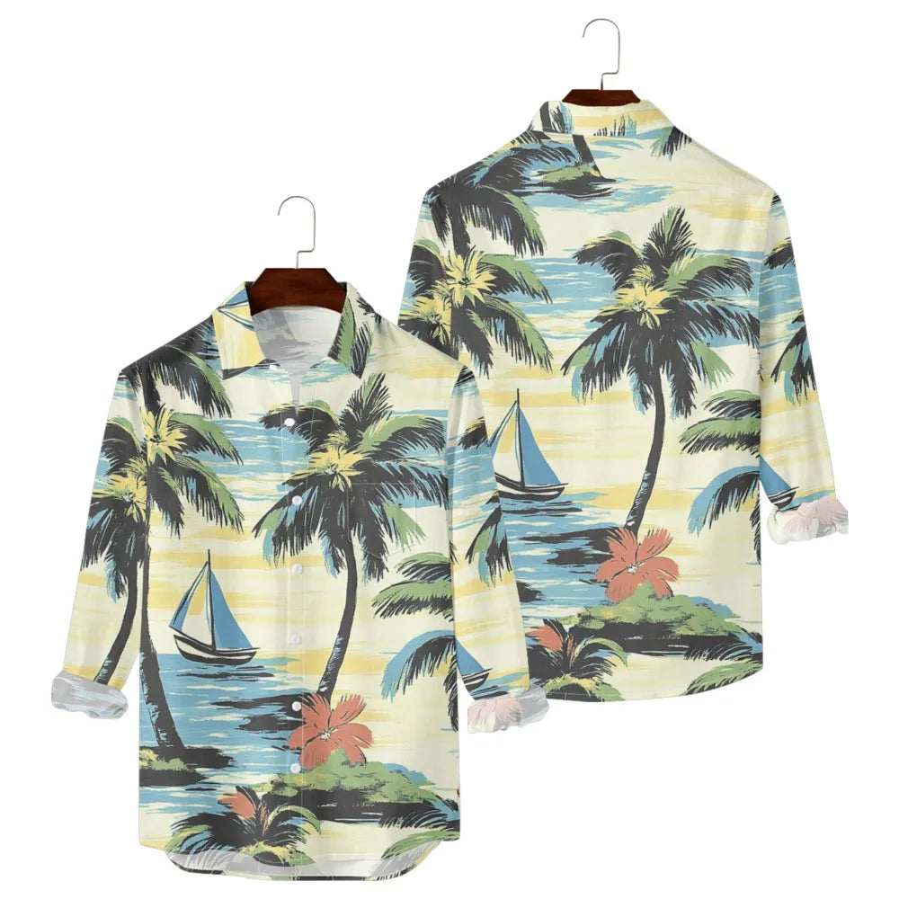 Hawaiian Button Up Shirts Black White Stripe Palm Tree Printed Full Sleeve Streetwear Casual Men Summer Vacay Beach Parties