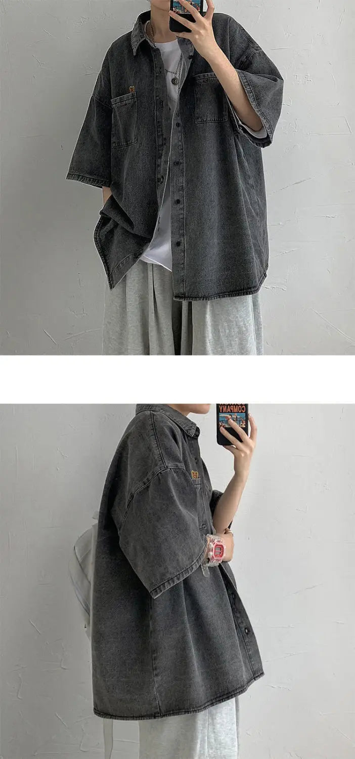 2025 Shirts Men Clothing Fashion Short Sleeve Summer Korean Style Loose All-match Cargo Handsome Homme Solid Tops Harajuku