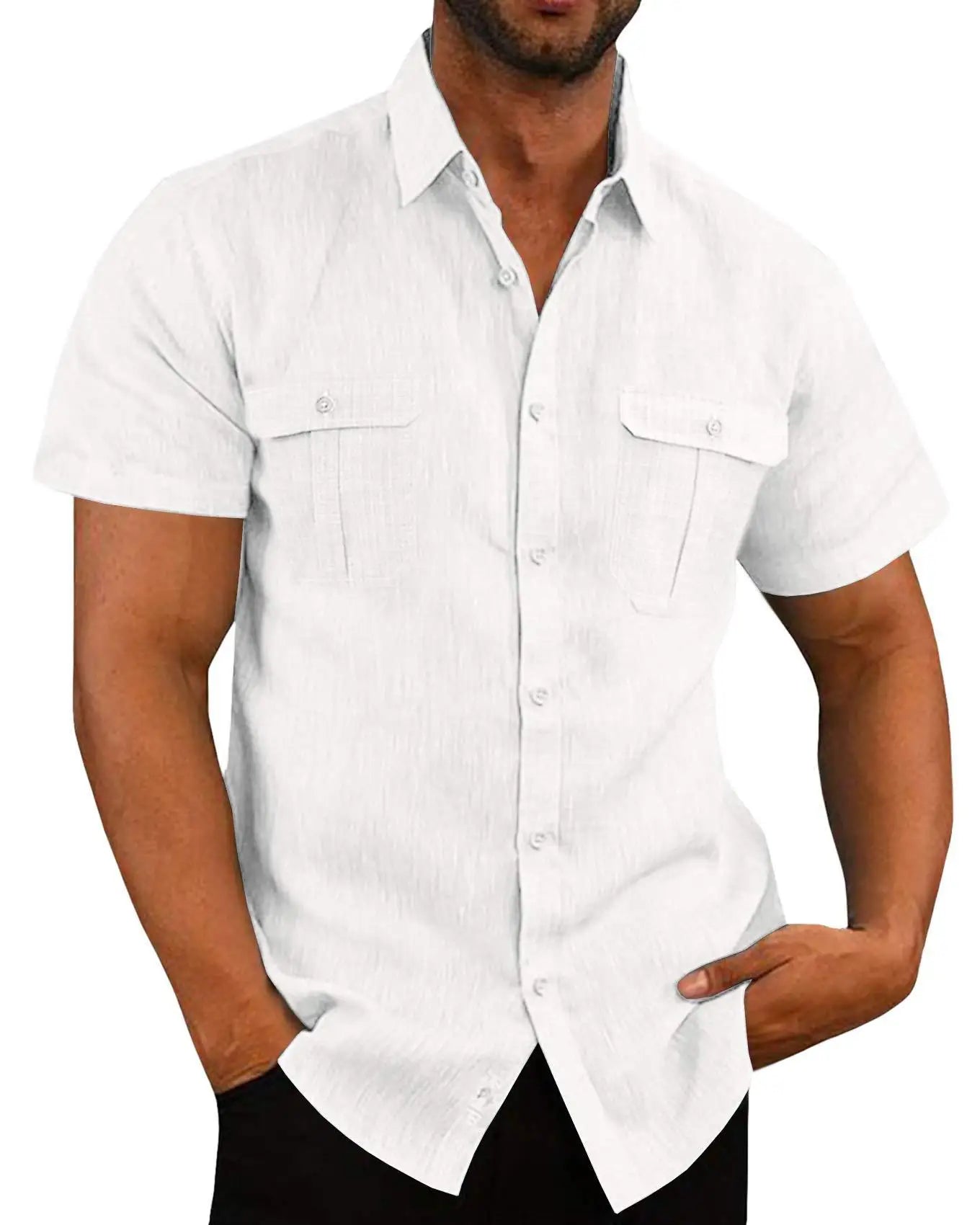 Shirts for Men Handmade Shirt Man Double Pocket Shirt Short Sleeve Men Shirt Linen Shirts for Men Men Cotton Shirt Short Sleeve