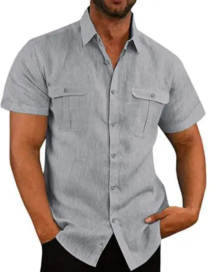 Shirts for Men Handmade Shirt Man Double Pocket Shirt Short Sleeve Men Shirt Linen Shirts for Men Men Cotton Shirt Short Sleeve