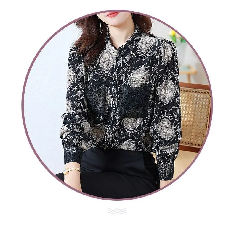 Shirts for Women in Spring Autumn New Style Printed Satin Stylish Slim Fashion Commuting Simple