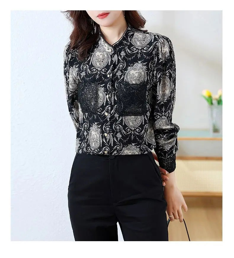 Shirts for Women in Spring Autumn New Style Printed Satin Stylish Slim Fashion Commuting Simple