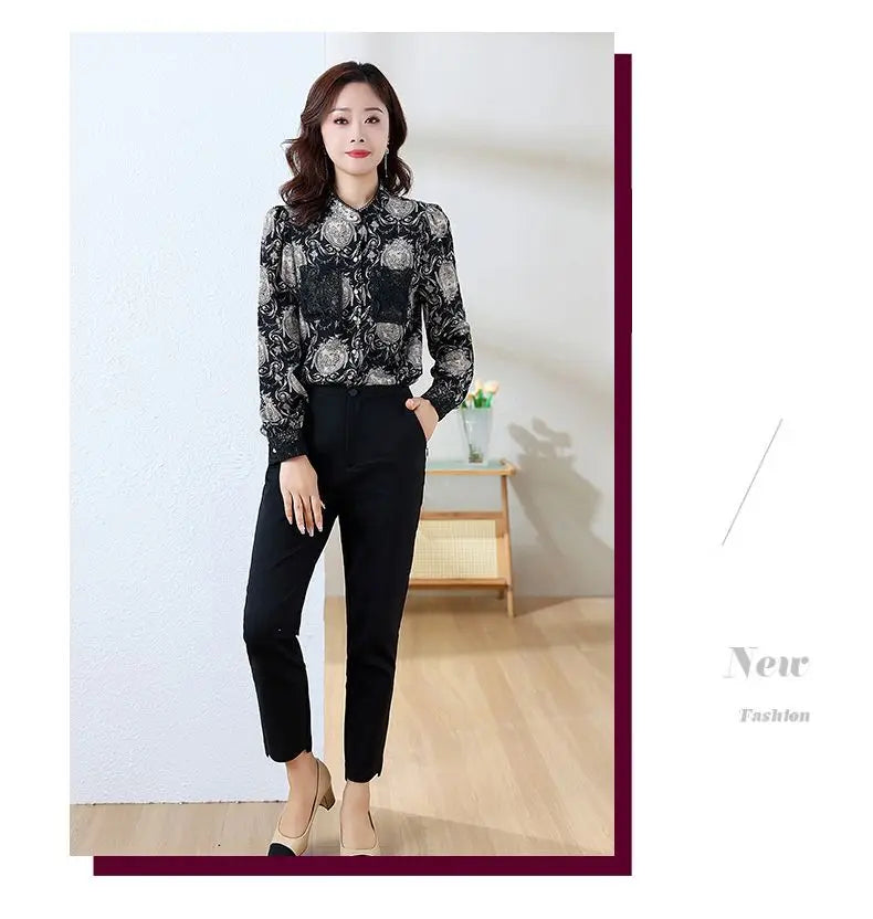 Shirts for Women in Spring Autumn New Style Printed Satin Stylish Slim Fashion Commuting Simple