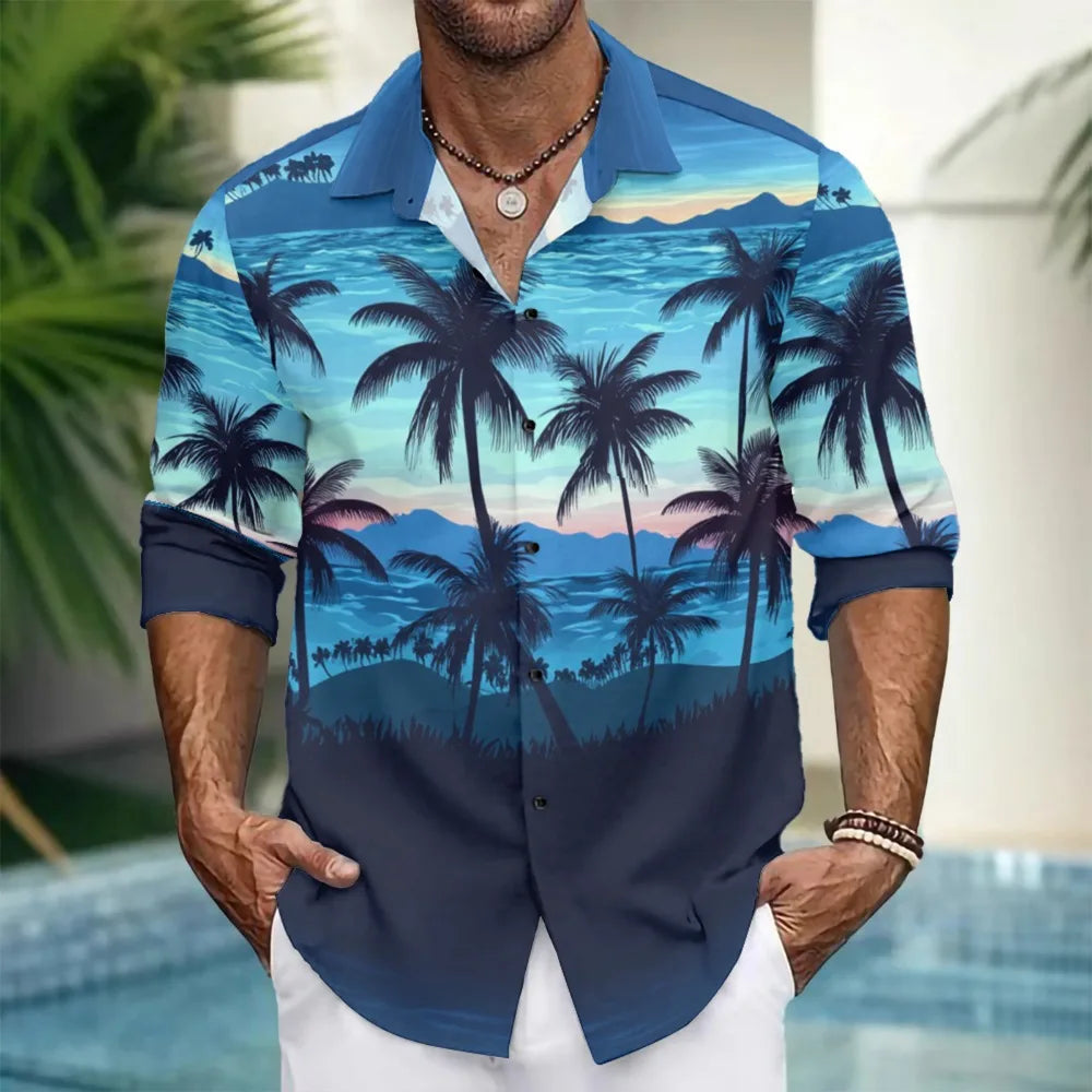 Hawaiian Button Up Shirts Black White Stripe Palm Tree Printed Full Sleeve Streetwear Casual Men Summer Vacay Beach Parties
