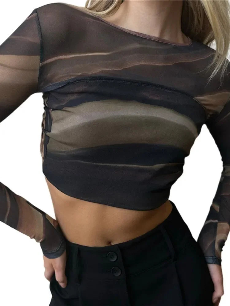Striped Printing T Shirts For Women Streetwear Backless Crop Top Long Sleeve Y2k Clothes Slim Fit Ropa De Mujer Short Camisetas