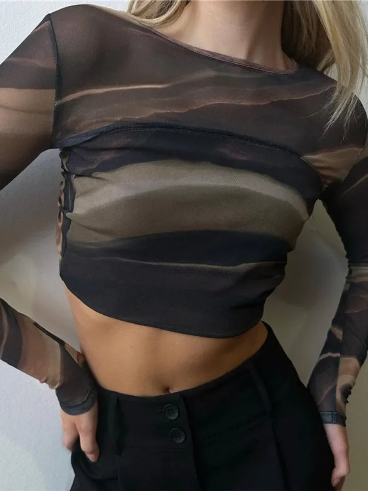 Striped Printing T Shirts For Women Streetwear Backless Crop Top Long Sleeve Y2k Clothes Slim Fit Ropa De Mujer Short Camisetas