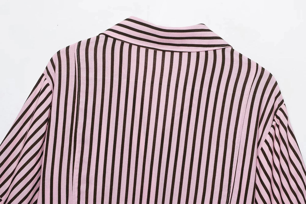 Women Striped Shirts For Women Vintage Elegant Puff Sleeve Summer New High Street Clothes Leisure Single-breasted Lapel Blouse