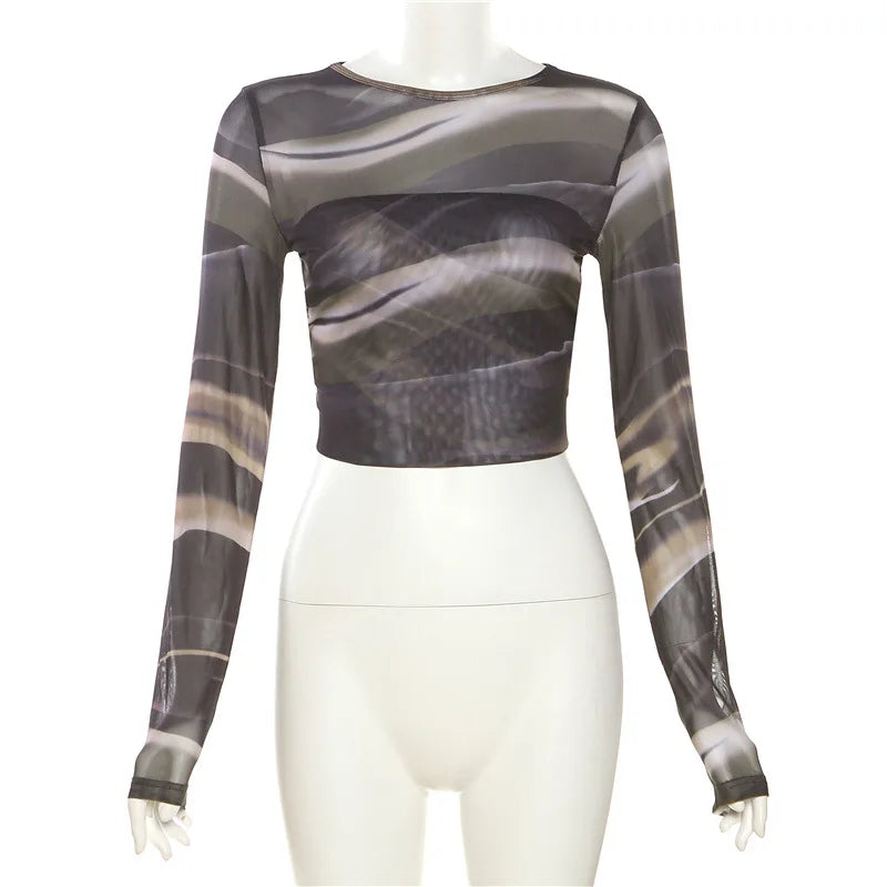 Striped Printing T Shirts For Women Streetwear Backless Crop Top Long Sleeve Y2k Clothes Slim Fit Ropa De Mujer Short Camisetas