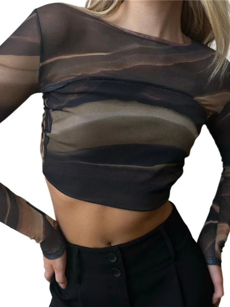 Striped Printing T Shirts For Women Streetwear Backless Crop Top Long Sleeve Y2k Clothes Slim Fit Ropa De Mujer Short Camisetas