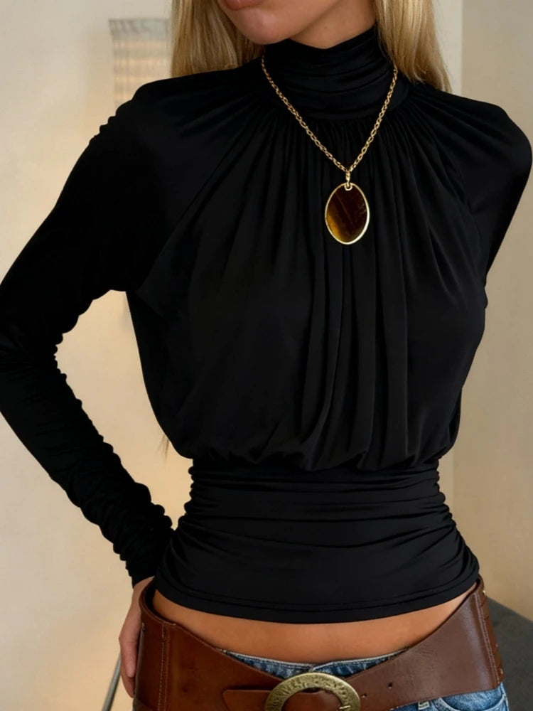 Solid Black T Shirts For Women Elegant Clothes Turtleneck Camisetas Lady Tops Long Sleeve Ropa De Mujer Shirring Feminist Shirt