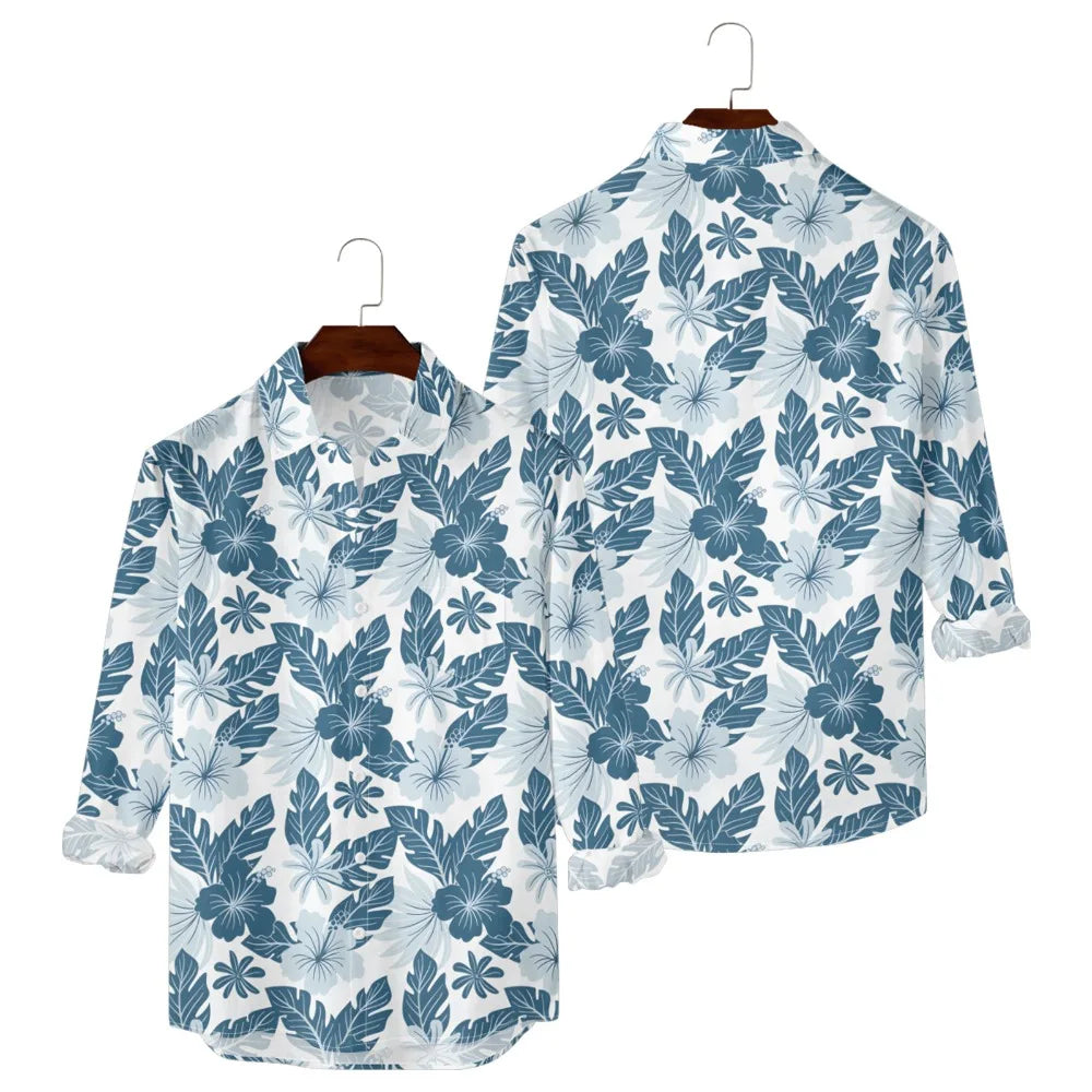 Hawaiian Button Up Shirts Black White Stripe Palm Tree Printed Full Sleeve Streetwear Casual Men Summer Vacay Beach Parties