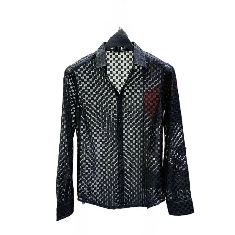 Black White Shirts Men Long Sleeve Shirts Design See-through Thin Hollow Out Plaid Shirt Slim Mesh Breathable Tops Fashion Trend