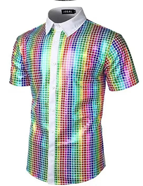 Men's Shiny Shirts Short Sleeve Shirts Nightclub Prom Disco Party Costume Button Blouse Casual Retro Cosplay Shirts Tops for Men