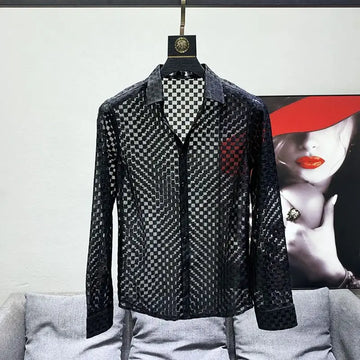 Black White Shirts Men Long Sleeve Shirts Design See-through Thin Hollow Out Plaid Shirt Slim Mesh Breathable Tops Fashion Trend