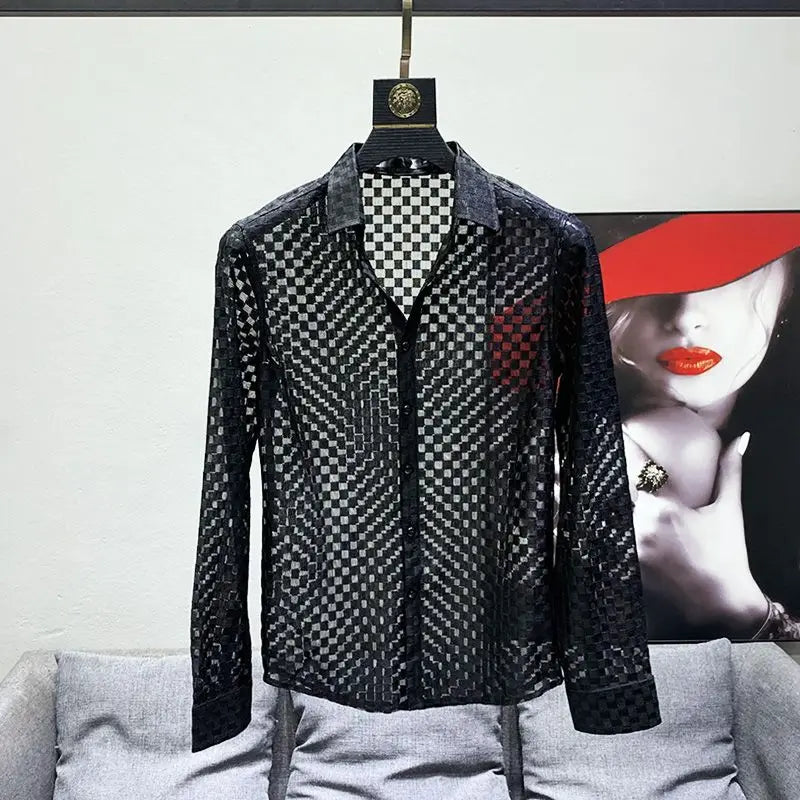Black White Shirts Men Long Sleeve Shirts Design See-through Thin Hollow Out Plaid Shirt Slim Mesh Breathable Tops Fashion Trend