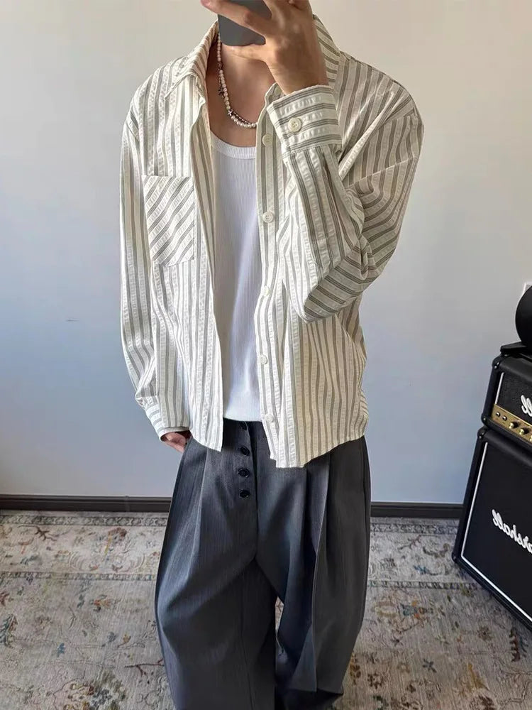 Striped Shirt Men's Spring and Autumn High-end Right Shoulder Long-sleeved Shirt Cleanfit Sun Protection Jacket