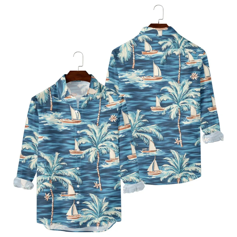 Hawaiian Button Up Shirts Black White Stripe Palm Tree Printed Full Sleeve Streetwear Casual Men Summer Vacay Beach Parties